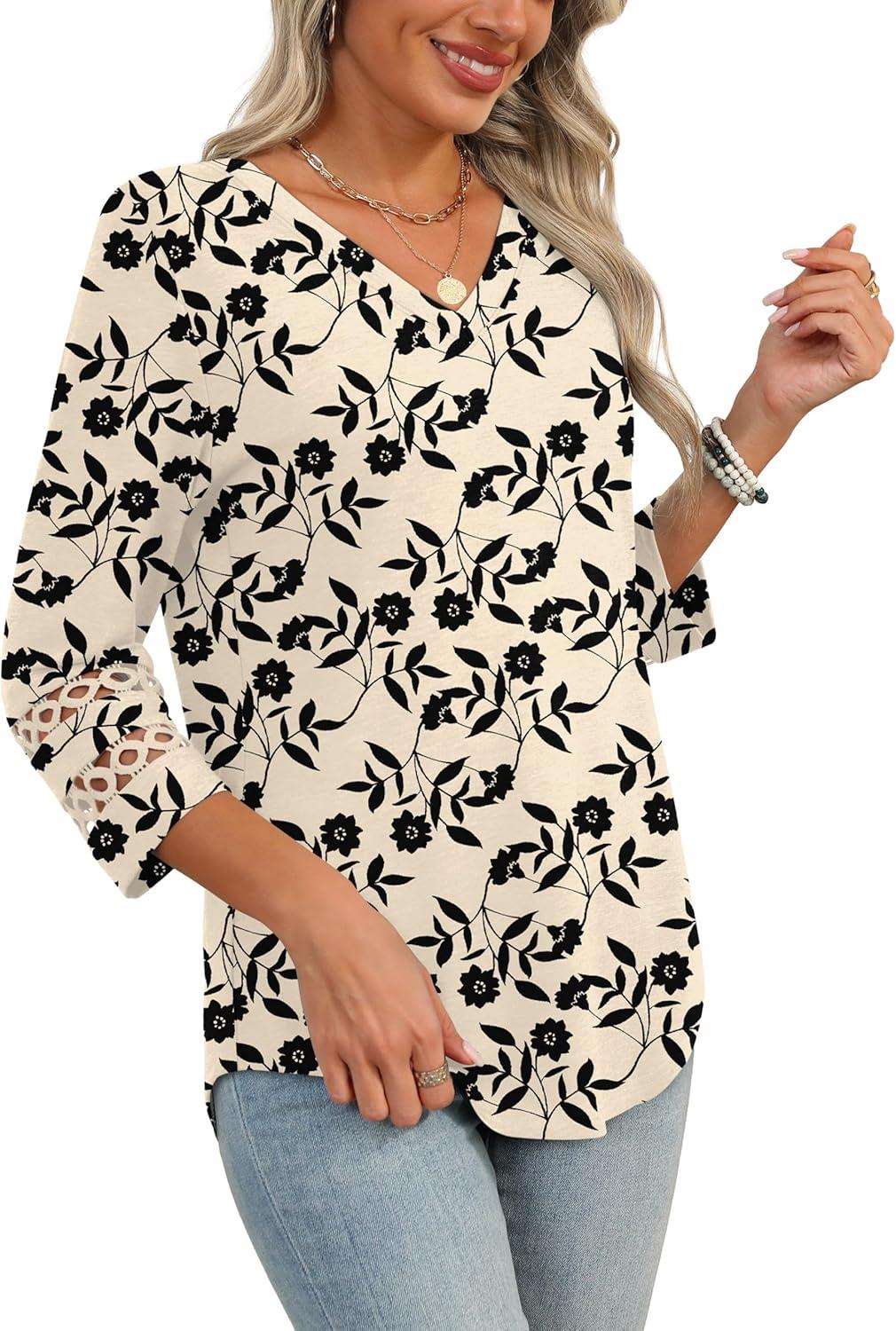 imageXIEERDUO 34 Length Sleeve Womens Tops Dressy Casual Blouses for Women 2025 Trendy V Neck T Shirts Summer ClothesZ Beige Printed