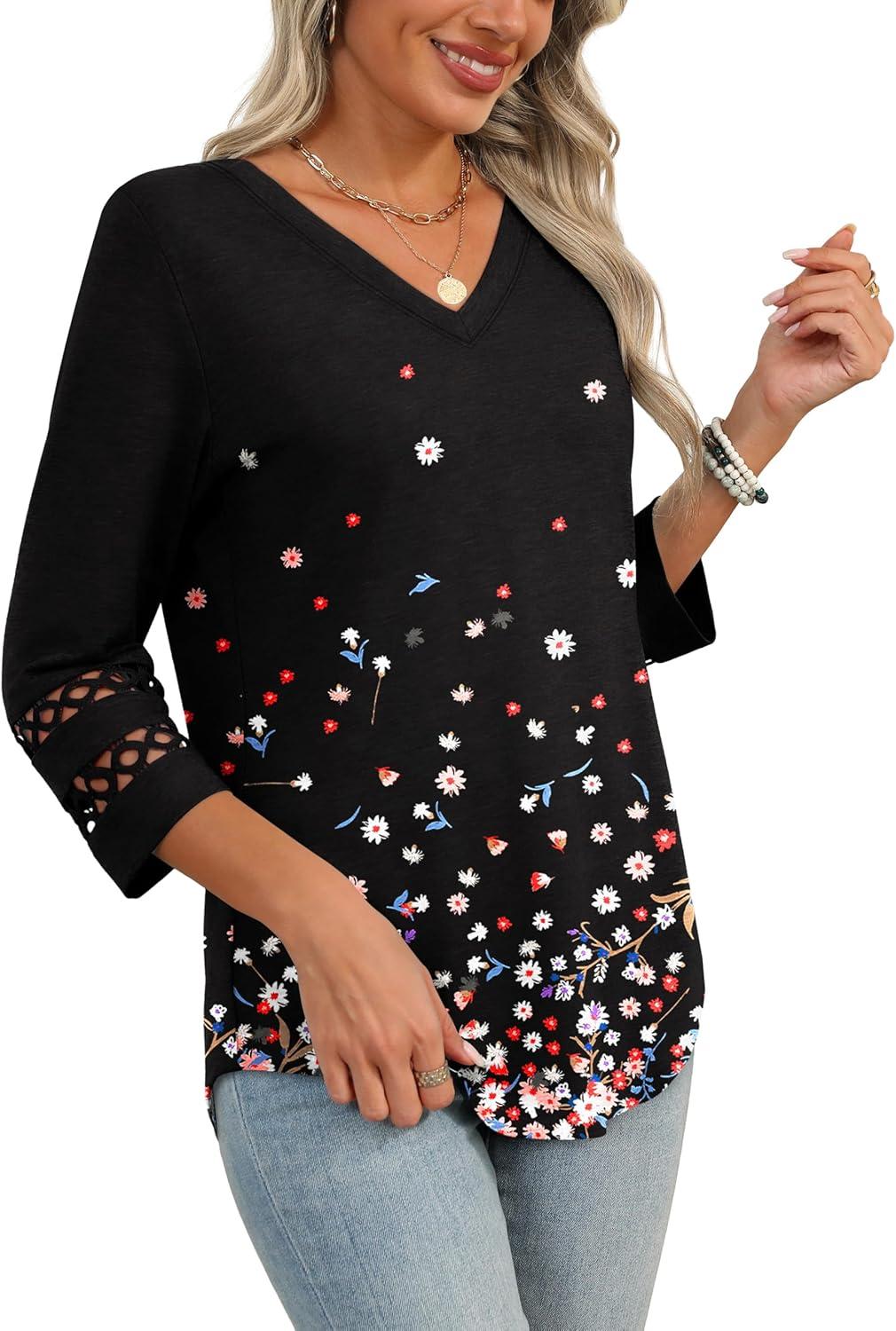 imageXIEERDUO 34 Length Sleeve Womens Tops Dressy Casual Blouses for Women 2025 Trendy V Neck T Shirts Summer ClothesZ Black Printed