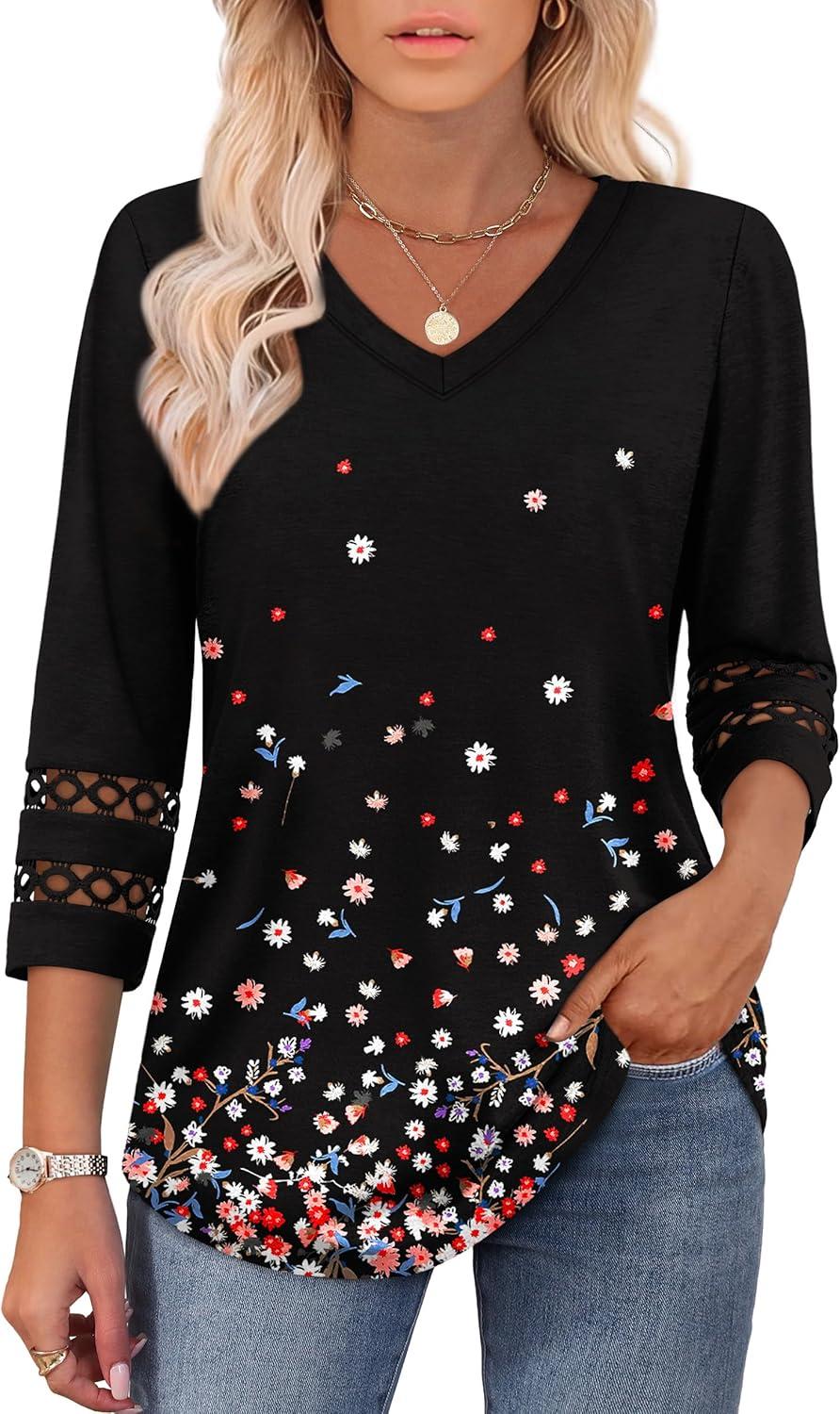 imageXIEERDUO 34 Length Sleeve Womens Tops Dressy Casual Blouses for Women 2025 Trendy V Neck T Shirts Summer ClothesZ Black Printed