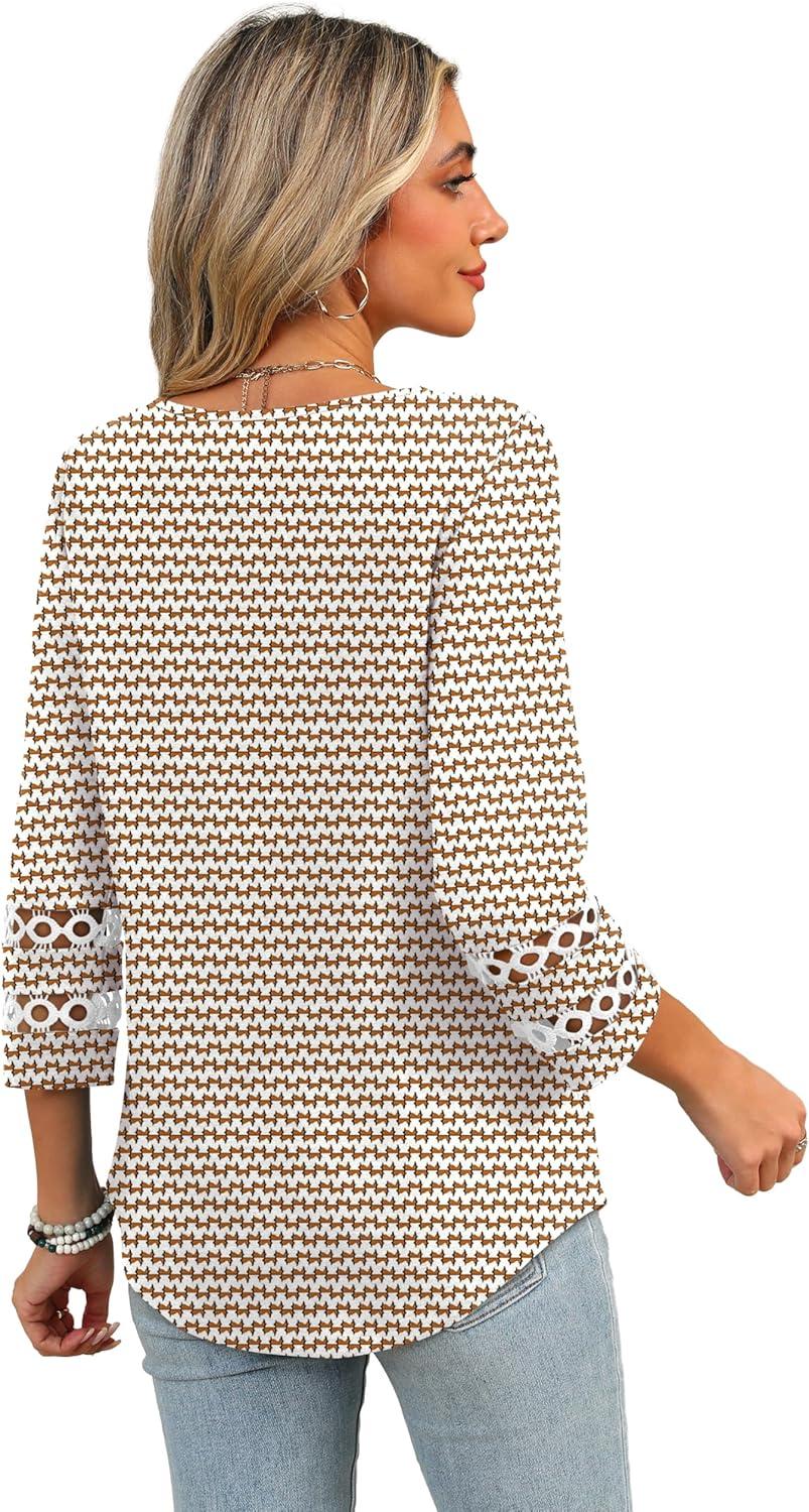 imageXIEERDUO 34 Length Sleeve Womens Tops Dressy Casual Blouses for Women 2025 Trendy V Neck T Shirts Summer ClothesZ Brown Geometry