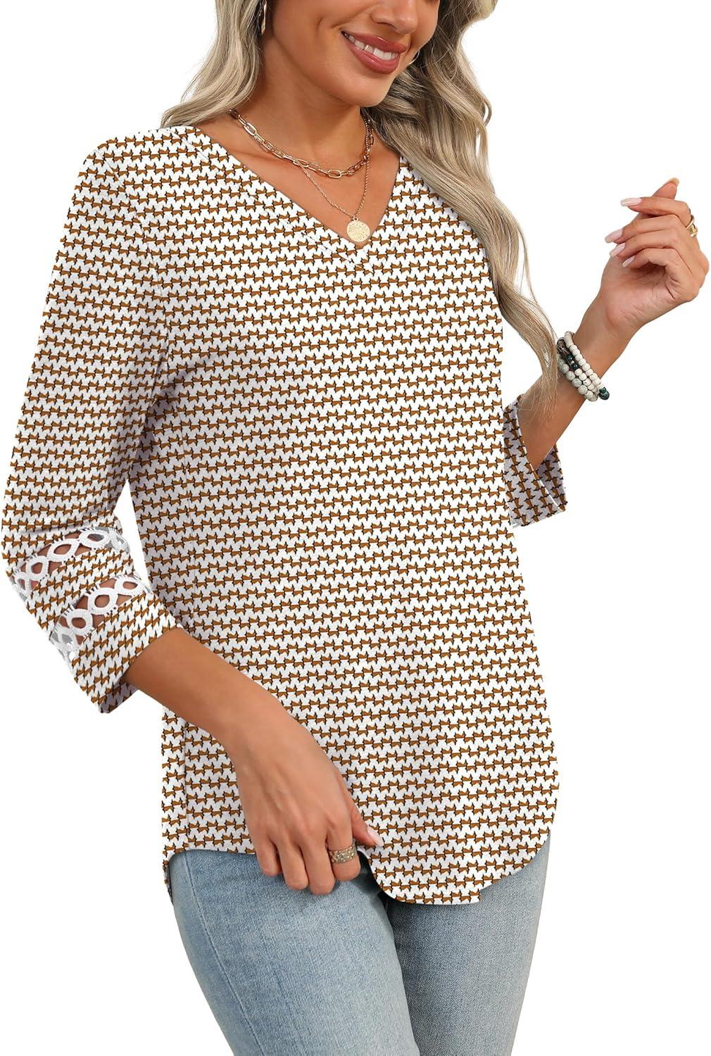 imageXIEERDUO 34 Length Sleeve Womens Tops Dressy Casual Blouses for Women 2025 Trendy V Neck T Shirts Summer ClothesZ Brown Geometry
