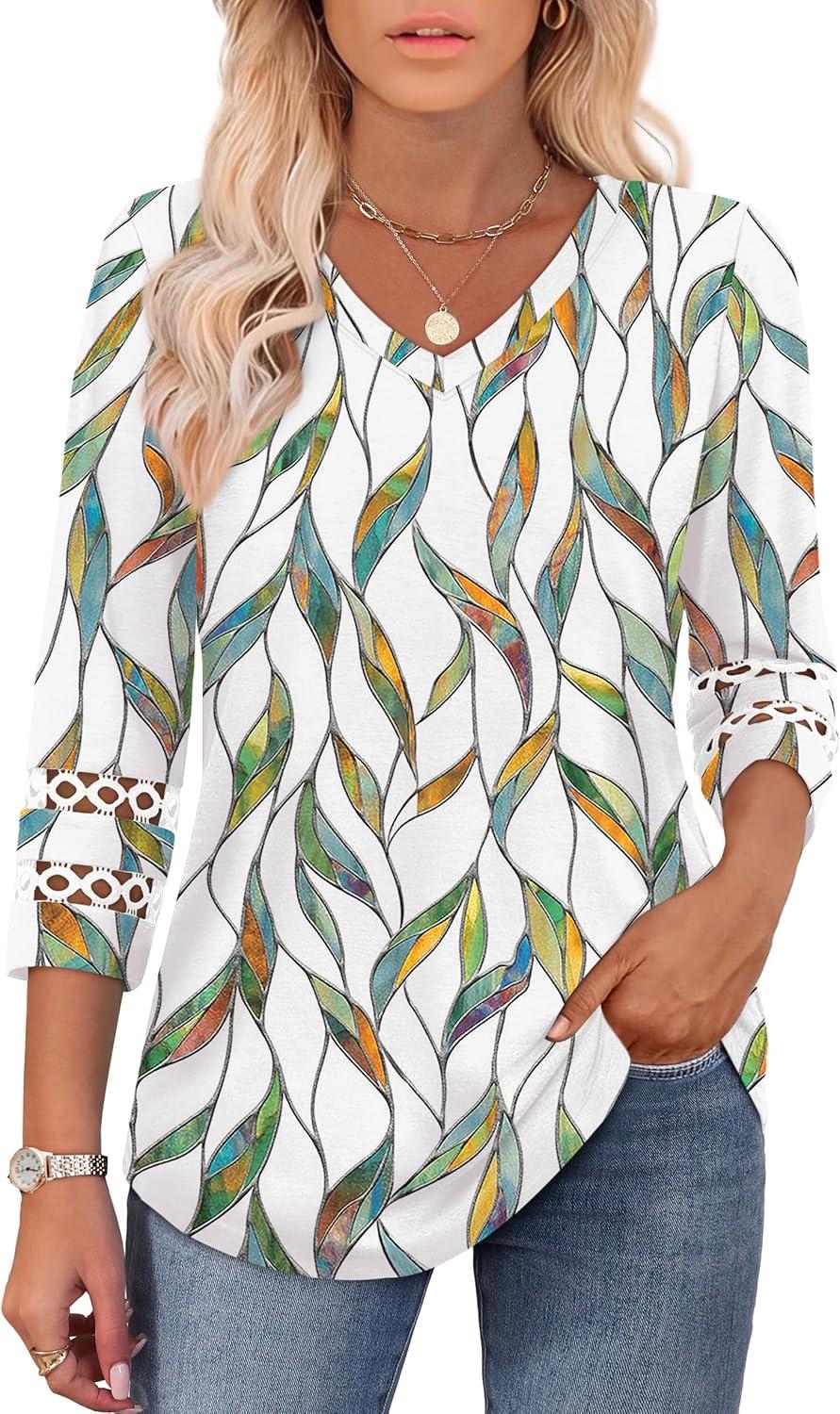 imageXIEERDUO 34 Length Sleeve Womens Tops Dressy Casual Blouses for Women 2025 Trendy V Neck T Shirts Summer ClothesZ Colorful Leaf