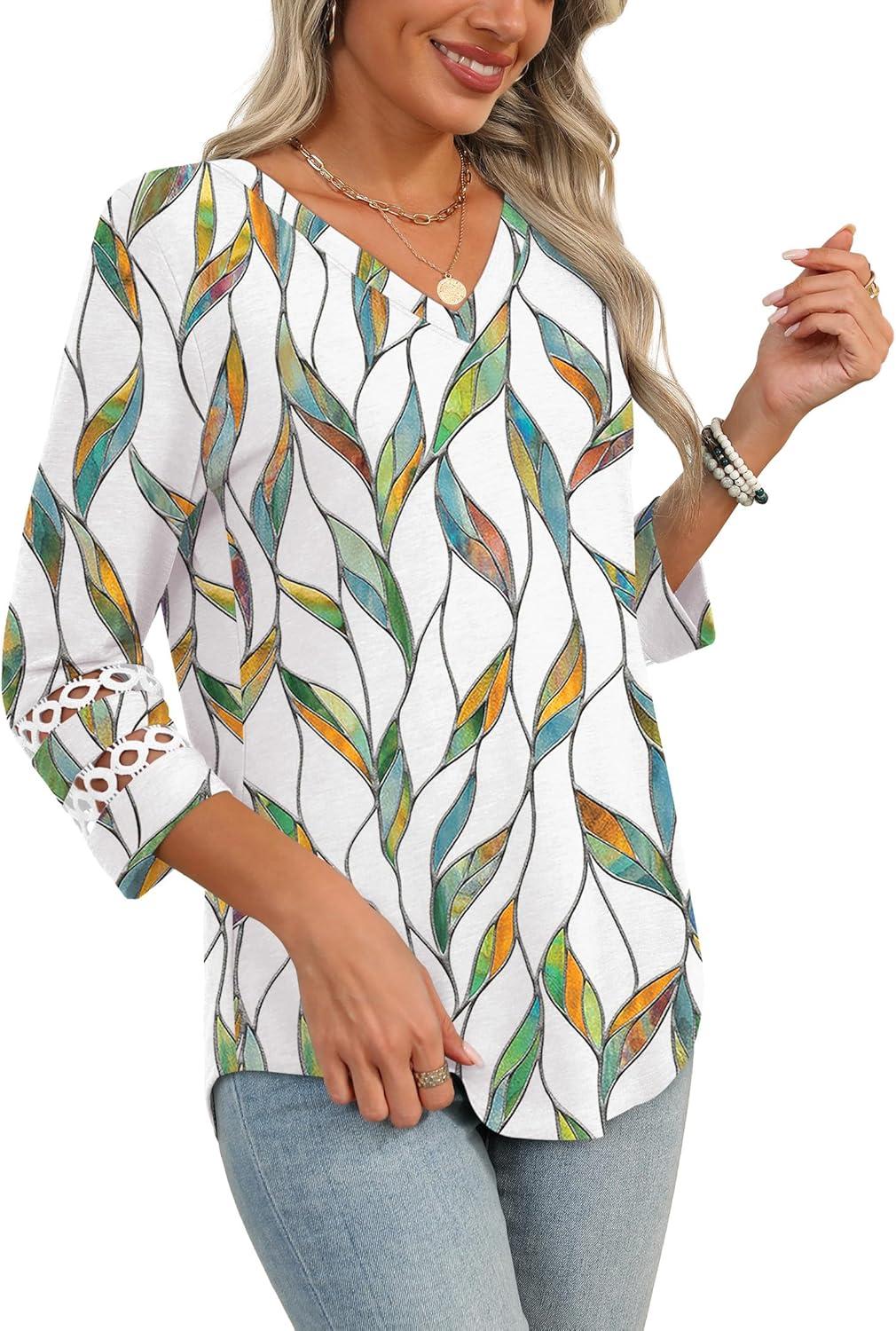 imageXIEERDUO 34 Length Sleeve Womens Tops Dressy Casual Blouses for Women 2025 Trendy V Neck T Shirts Summer ClothesZ Colorful Leaf