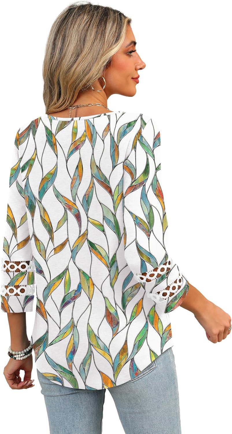 imageXIEERDUO 34 Length Sleeve Womens Tops Dressy Casual Blouses for Women 2025 Trendy V Neck T Shirts Summer ClothesZ Colorful Leaf