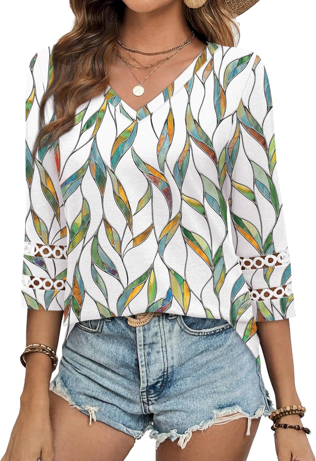 imageXIEERDUO 34 Length Sleeve Womens Tops Dressy Casual Blouses for Women 2025 Trendy V Neck T Shirts Summer ClothesZ Colorful Leaf