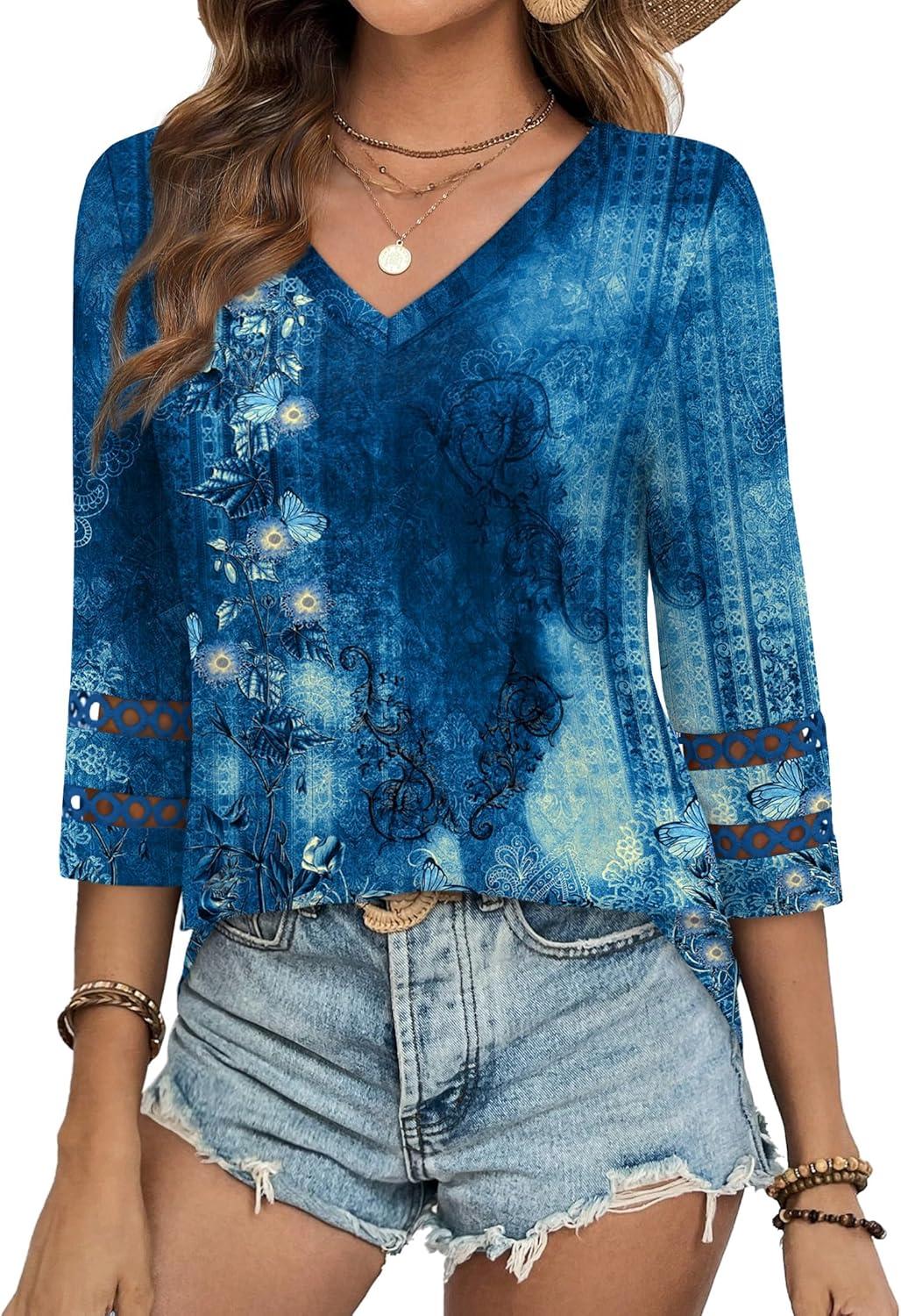 imageXIEERDUO 34 Length Sleeve Womens Tops Dressy Casual Blouses for Women 2025 Trendy V Neck T Shirts Summer ClothesZ Navy Printed