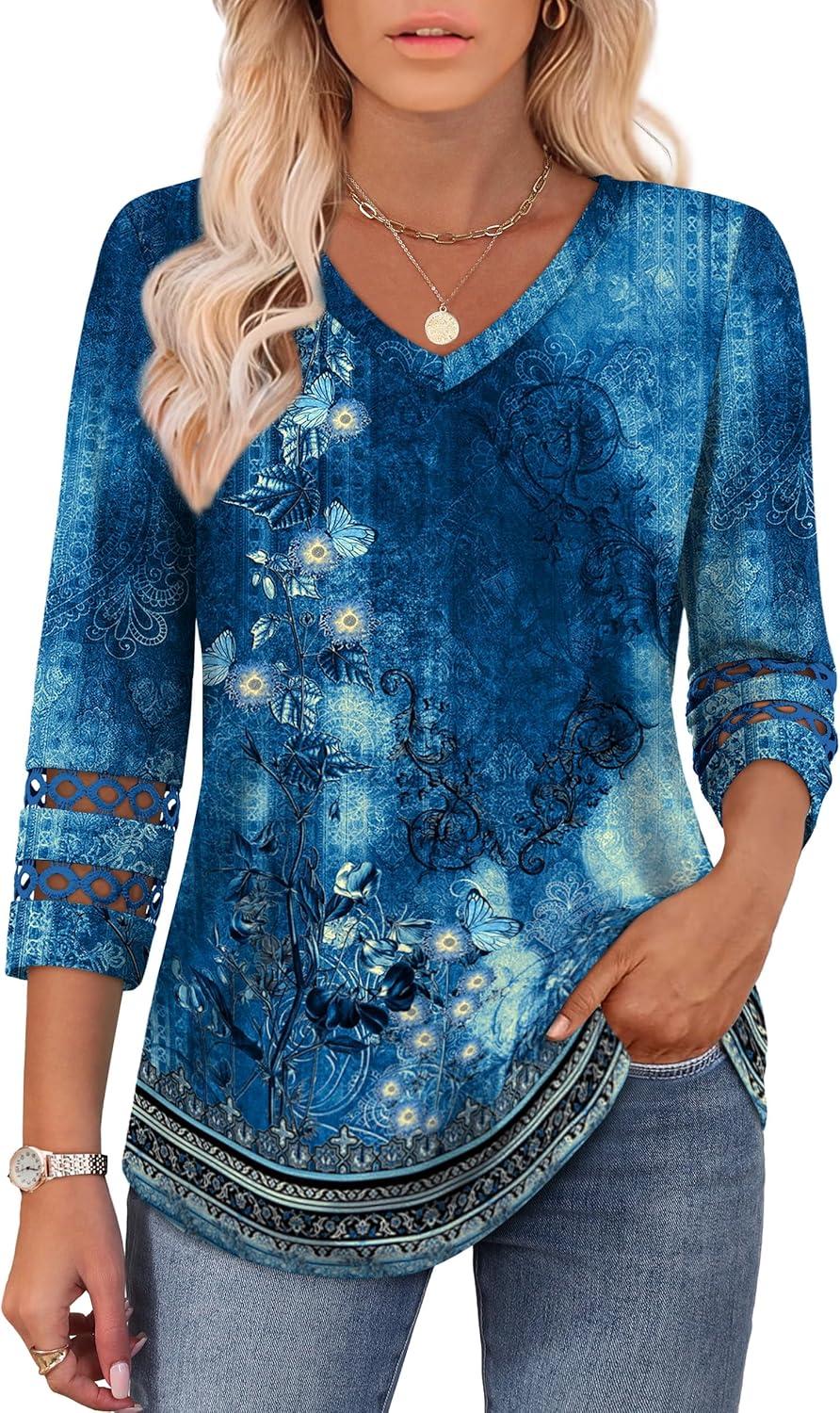 imageXIEERDUO 34 Length Sleeve Womens Tops Dressy Casual Blouses for Women 2025 Trendy V Neck T Shirts Summer ClothesZ Navy Printed