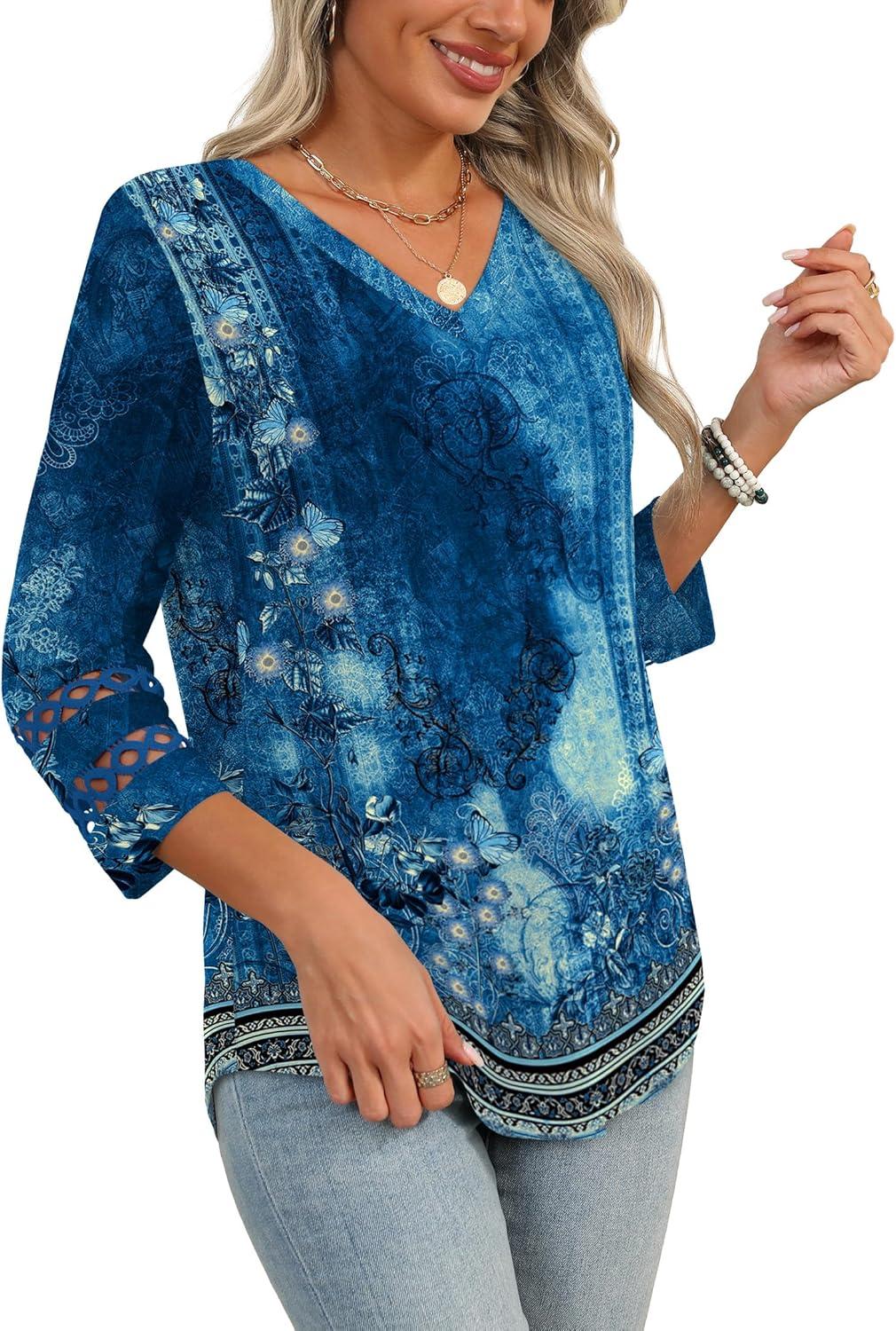 imageXIEERDUO 34 Length Sleeve Womens Tops Dressy Casual Blouses for Women 2025 Trendy V Neck T Shirts Summer ClothesZ Navy Printed