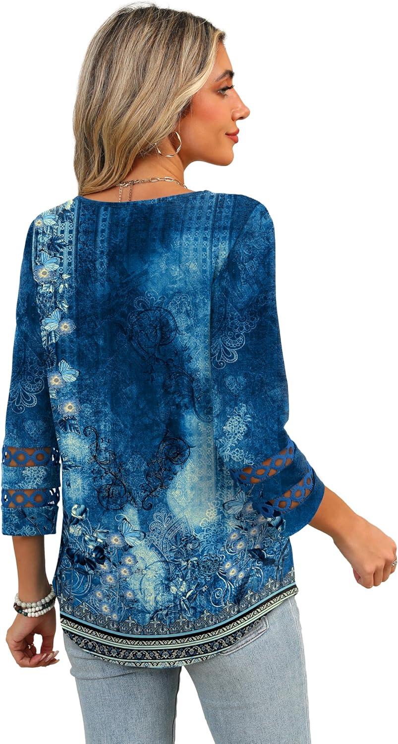 imageXIEERDUO 34 Length Sleeve Womens Tops Dressy Casual Blouses for Women 2025 Trendy V Neck T Shirts Summer ClothesZ Navy Printed