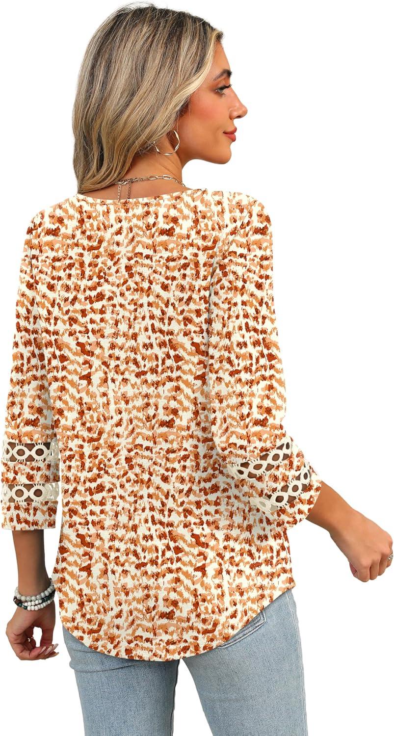 imageXIEERDUO 34 Length Sleeve Womens Tops Dressy Casual Blouses for Women 2025 Trendy V Neck T Shirts Summer ClothesZ Orange Dot