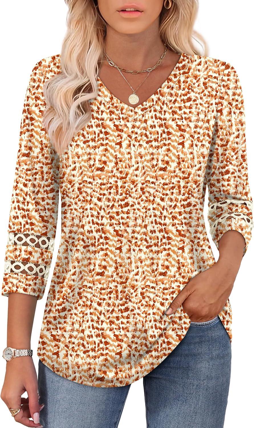 imageXIEERDUO 34 Length Sleeve Womens Tops Dressy Casual Blouses for Women 2025 Trendy V Neck T Shirts Summer ClothesZ Orange Dot