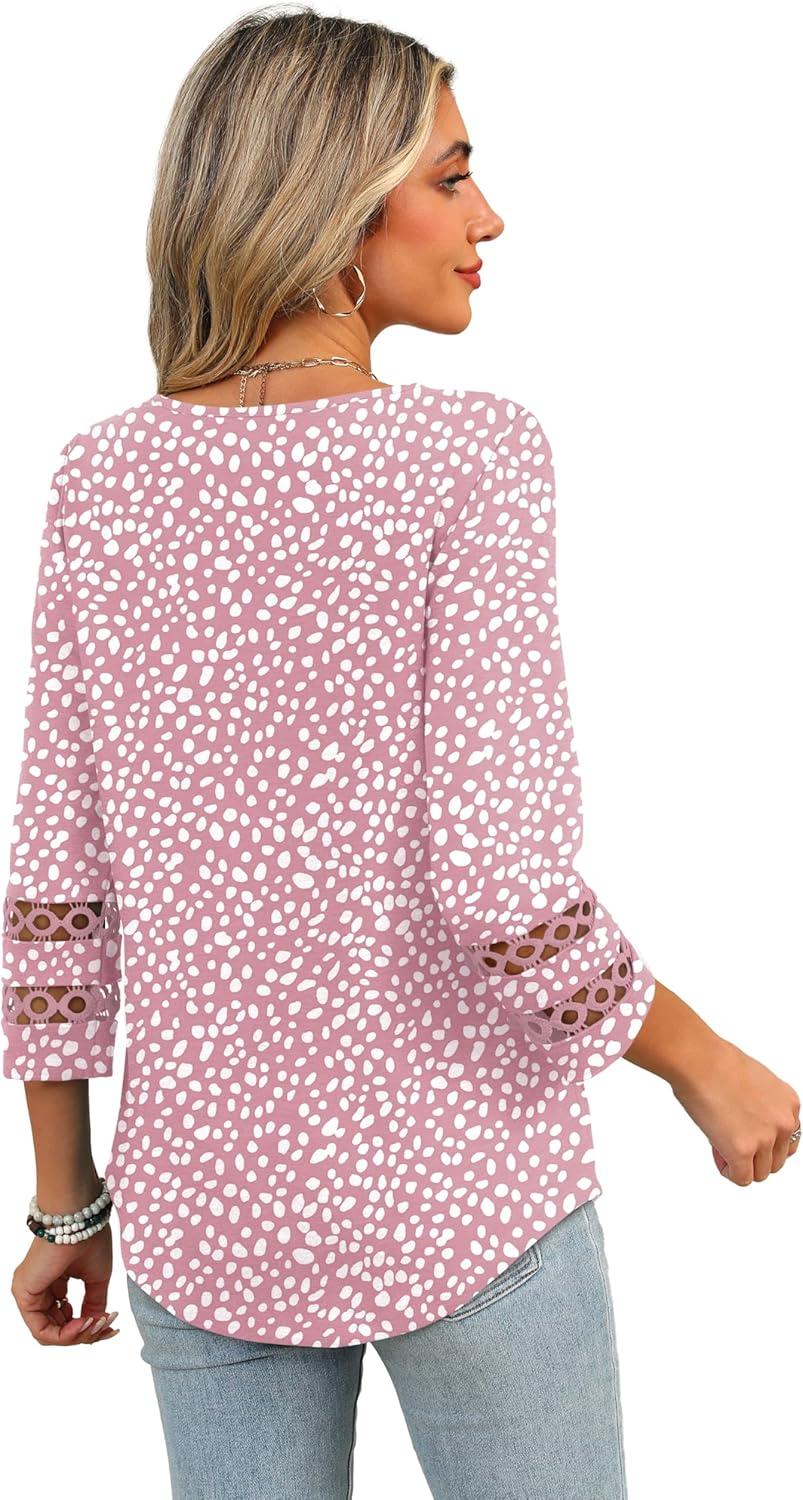 imageXIEERDUO 34 Length Sleeve Womens Tops Dressy Casual Blouses for Women 2025 Trendy V Neck T Shirts Summer ClothesZ Pink Dot