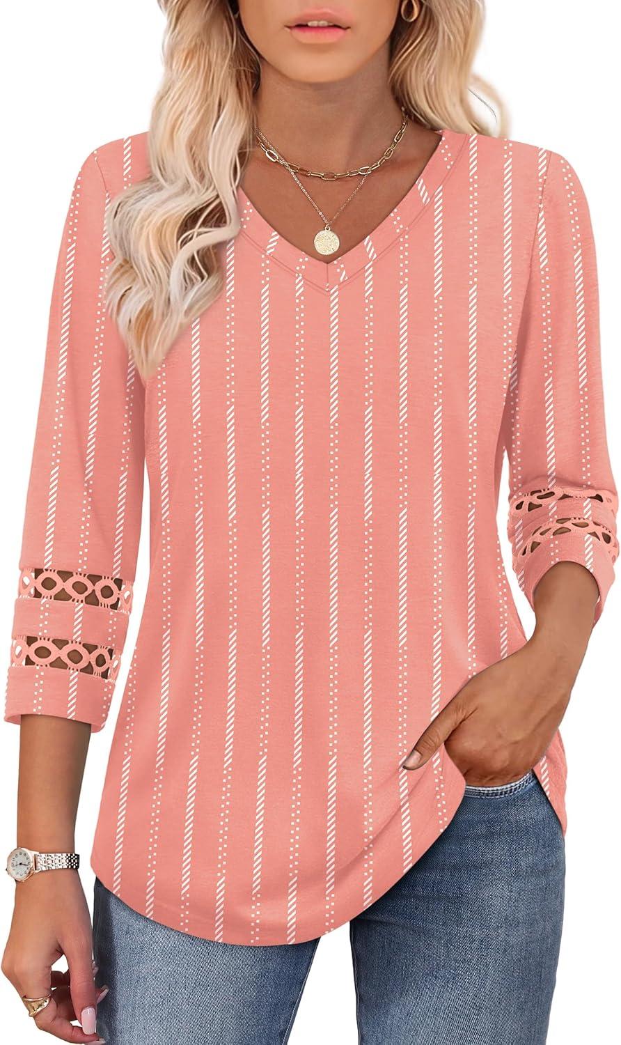imageXIEERDUO 34 Length Sleeve Womens Tops Dressy Casual Blouses for Women 2025 Trendy V Neck T Shirts Summer ClothesZ Pink Stripe