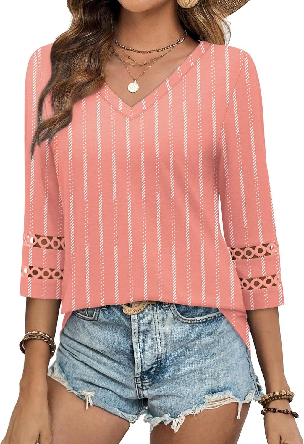 imageXIEERDUO 34 Length Sleeve Womens Tops Dressy Casual Blouses for Women 2025 Trendy V Neck T Shirts Summer ClothesZ Pink Stripe