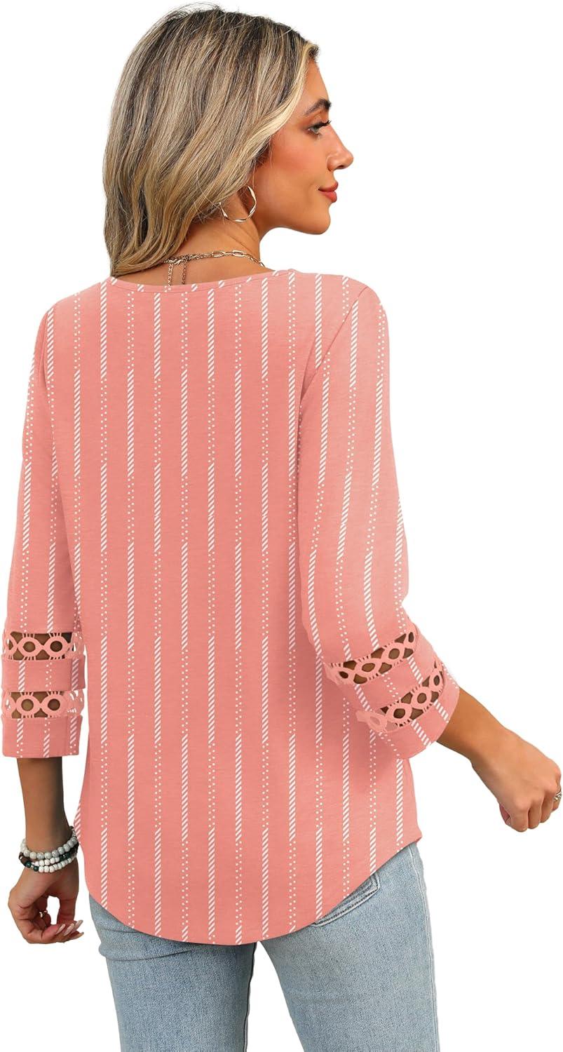 imageXIEERDUO 34 Length Sleeve Womens Tops Dressy Casual Blouses for Women 2025 Trendy V Neck T Shirts Summer ClothesZ Pink Stripe