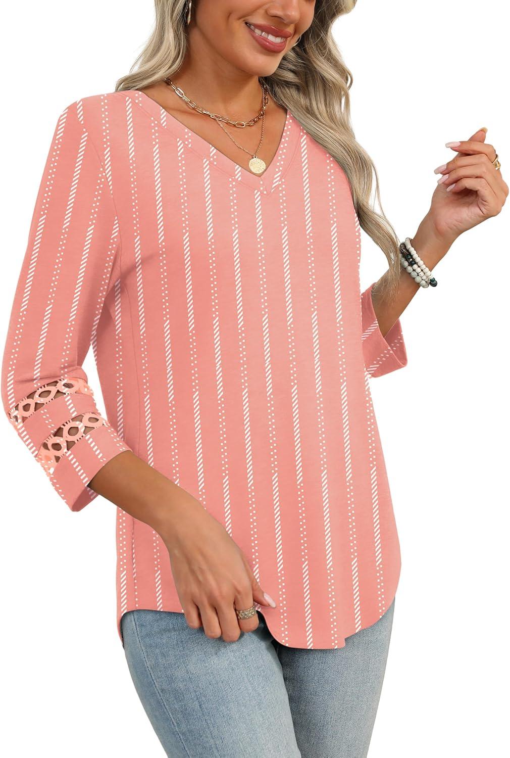 imageXIEERDUO 34 Length Sleeve Womens Tops Dressy Casual Blouses for Women 2025 Trendy V Neck T Shirts Summer ClothesZ Pink Stripe