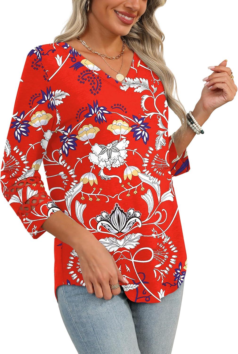 imageXIEERDUO 34 Length Sleeve Womens Tops Dressy Casual Blouses for Women 2025 Trendy V Neck T Shirts Summer ClothesZ Red Printed