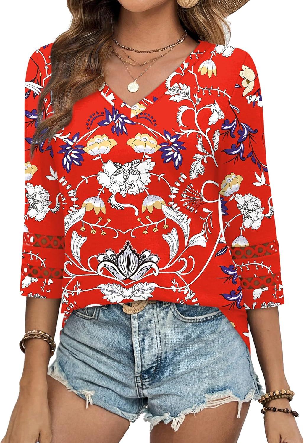 imageXIEERDUO 34 Length Sleeve Womens Tops Dressy Casual Blouses for Women 2025 Trendy V Neck T Shirts Summer ClothesZ Red Printed