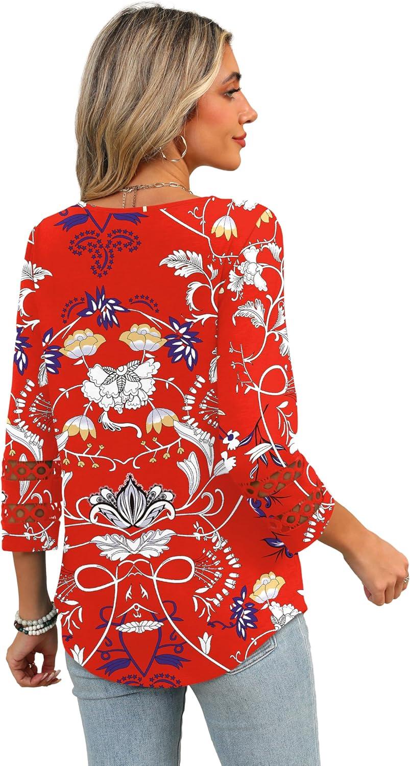 imageXIEERDUO 34 Length Sleeve Womens Tops Dressy Casual Blouses for Women 2025 Trendy V Neck T Shirts Summer ClothesZ Red Printed