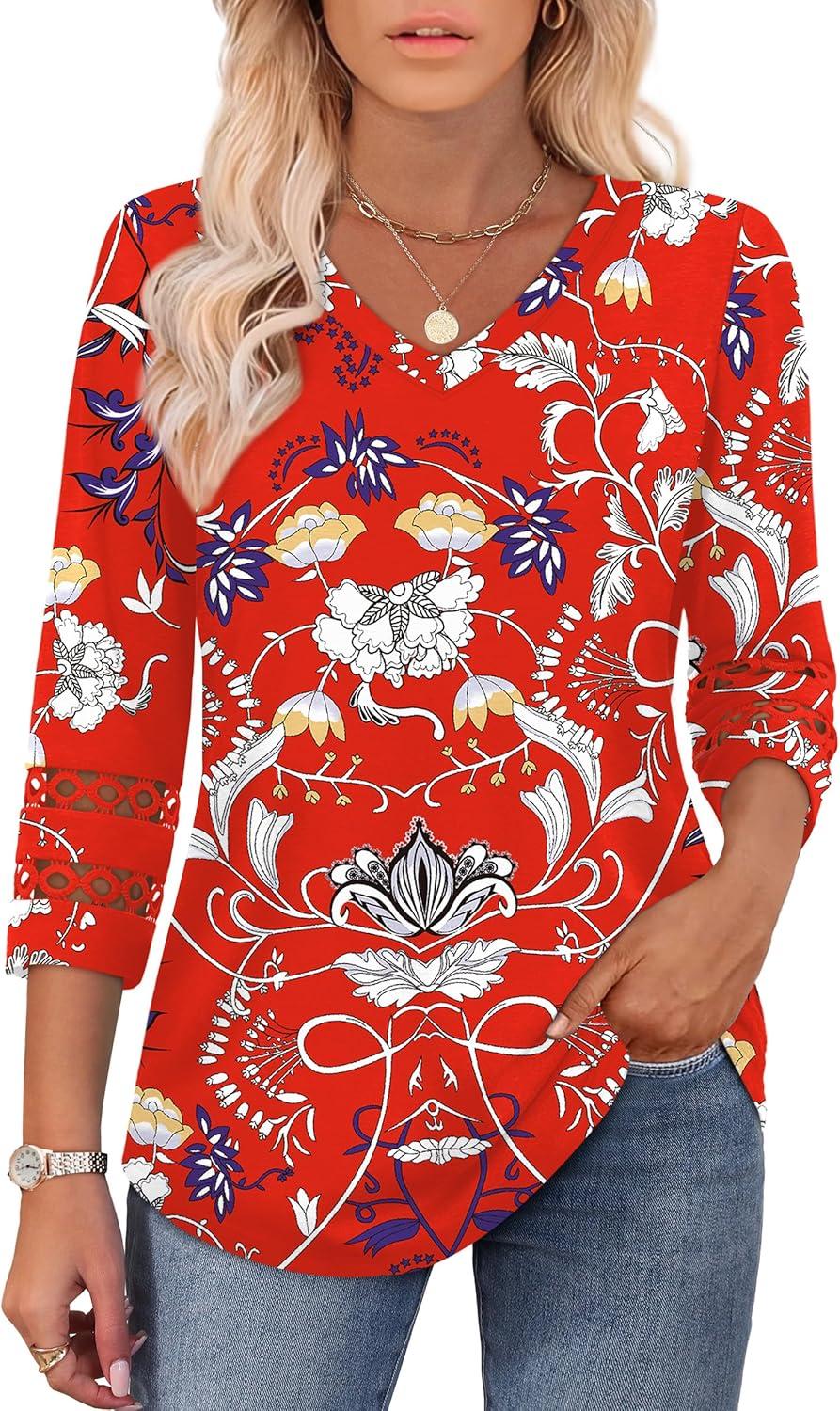 imageXIEERDUO 34 Length Sleeve Womens Tops Dressy Casual Blouses for Women 2025 Trendy V Neck T Shirts Summer ClothesZ Red Printed