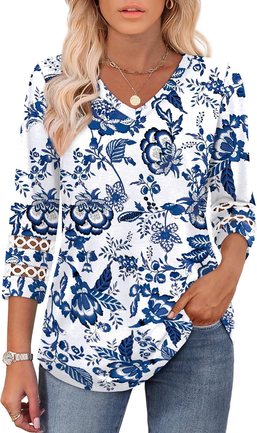 imageXIEERDUO 34 Length Sleeve Womens Tops Dressy Casual Blouses for Women 2025 Trendy V Neck T Shirts Summer ClothesZ White Printed