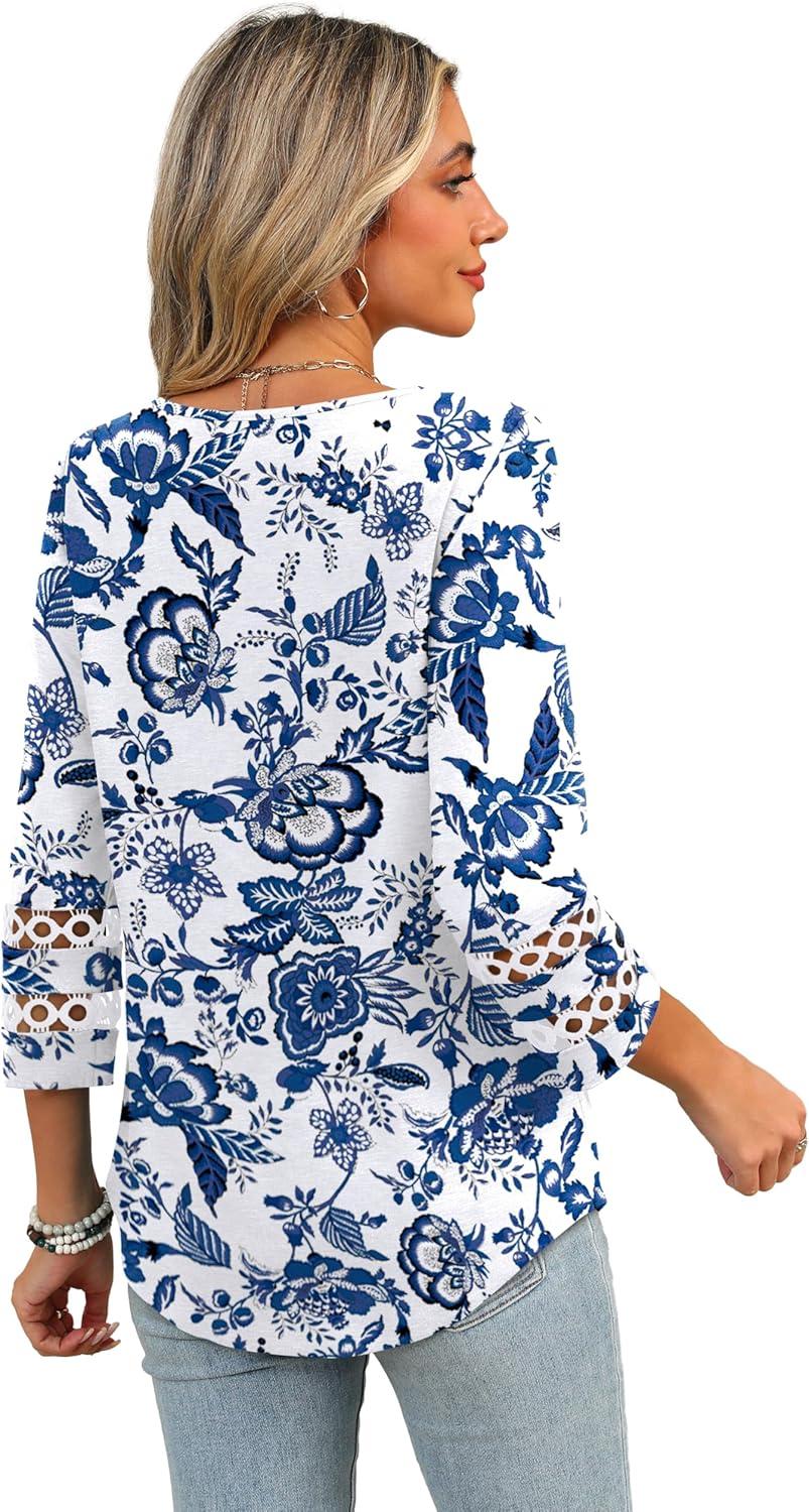 imageXIEERDUO 34 Length Sleeve Womens Tops Dressy Casual Blouses for Women 2025 Trendy V Neck T Shirts Summer ClothesZ White Printed