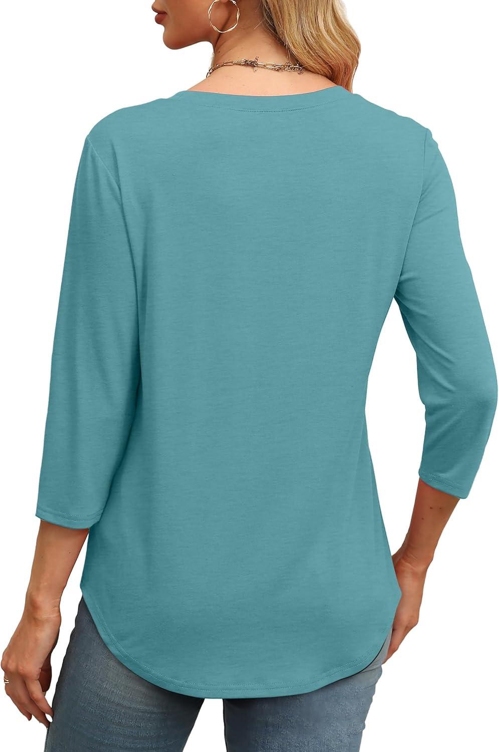 imageXIEERDUO 34 Length Sleeve Womens Tops Round Neck Casual Tunic Tops Basic Pleated Shirts Loose Fit 2025Blue Green