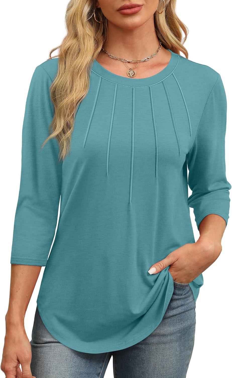imageXIEERDUO 34 Length Sleeve Womens Tops Round Neck Casual Tunic Tops Basic Pleated Shirts Loose Fit 2025Blue Green