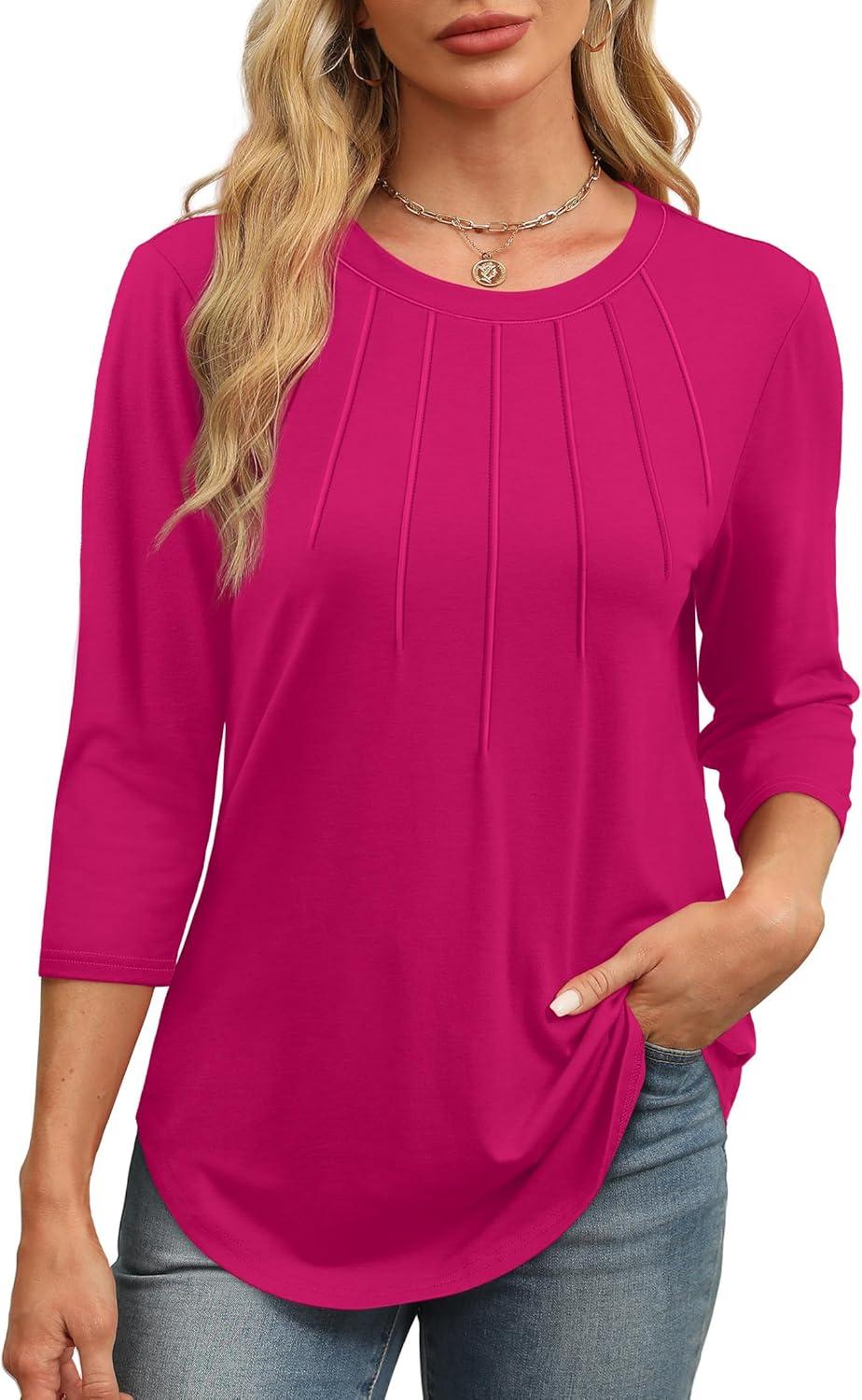 imageXIEERDUO 34 Length Sleeve Womens Tops Round Neck Casual Tunic Tops Basic Pleated Shirts Loose Fit 2025Hot Pink