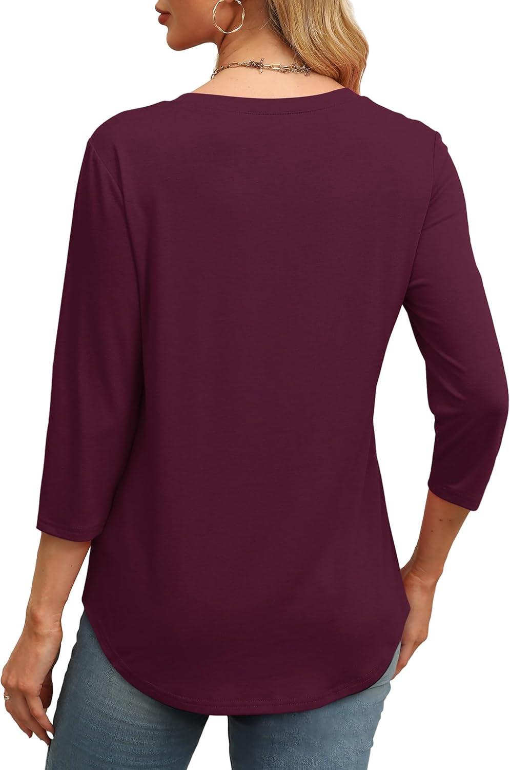 imageXIEERDUO 34 Length Sleeve Womens Tops Round Neck Casual Tunic Tops Basic Pleated Shirts Loose Fit 2025Newburgundy