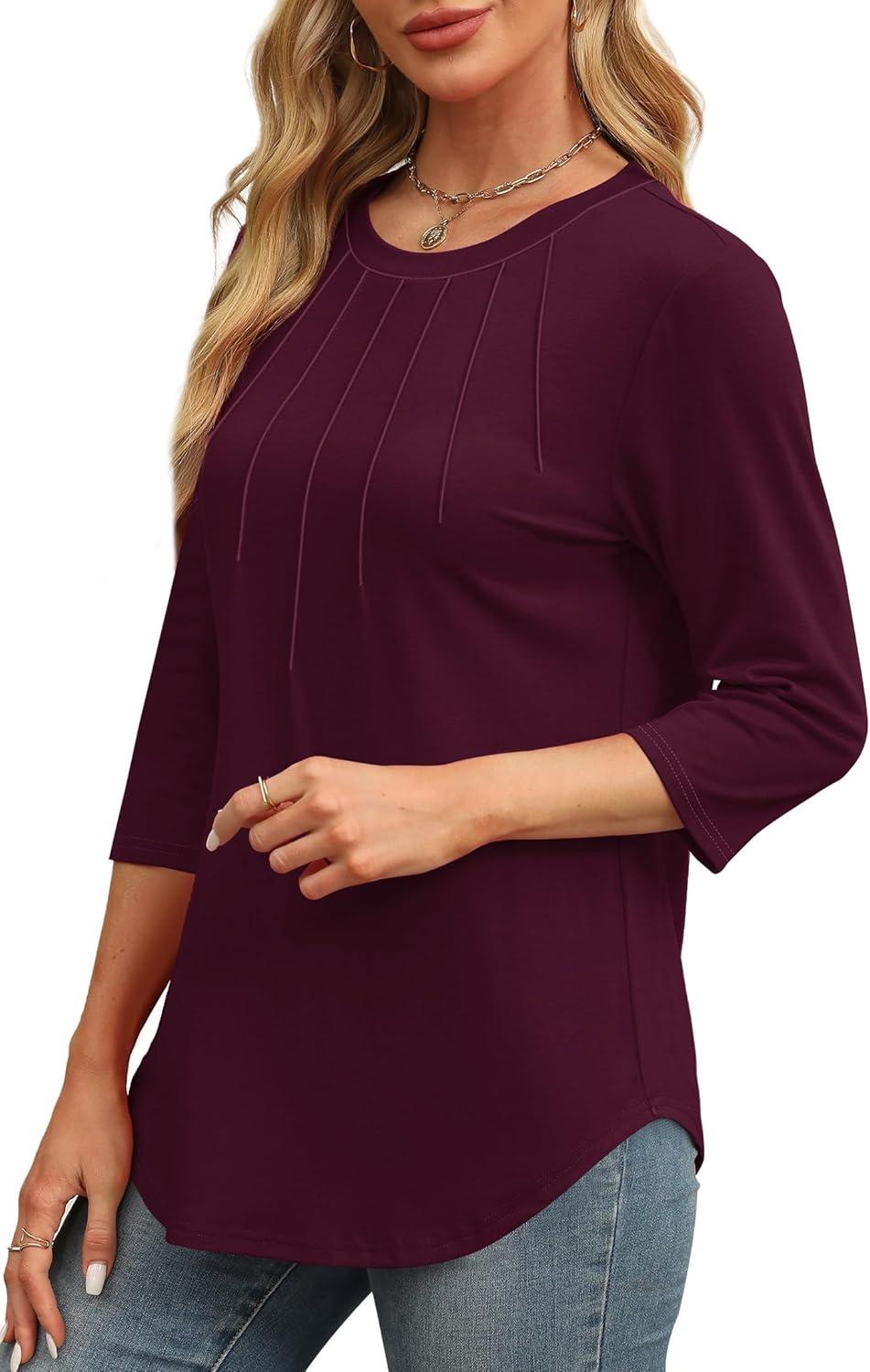 imageXIEERDUO 34 Length Sleeve Womens Tops Round Neck Casual Tunic Tops Basic Pleated Shirts Loose Fit 2025Newburgundy
