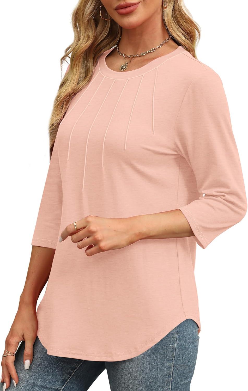 imageXIEERDUO 34 Length Sleeve Womens Tops Round Neck Casual Tunic Tops Basic Pleated Shirts Loose Fit 2025Newlight Pink