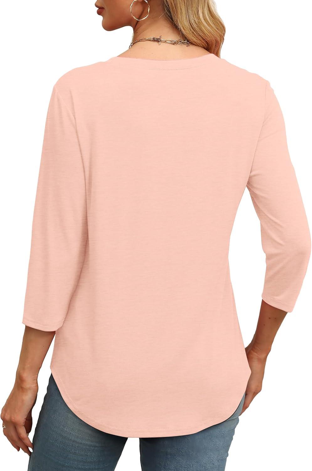 imageXIEERDUO 34 Length Sleeve Womens Tops Round Neck Casual Tunic Tops Basic Pleated Shirts Loose Fit 2025Newlight Pink