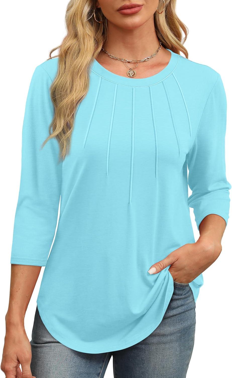 imageXIEERDUO 34 Length Sleeve Womens Tops Round Neck Casual Tunic Tops Basic Pleated Shirts Loose Fit 2025Newmint Green
