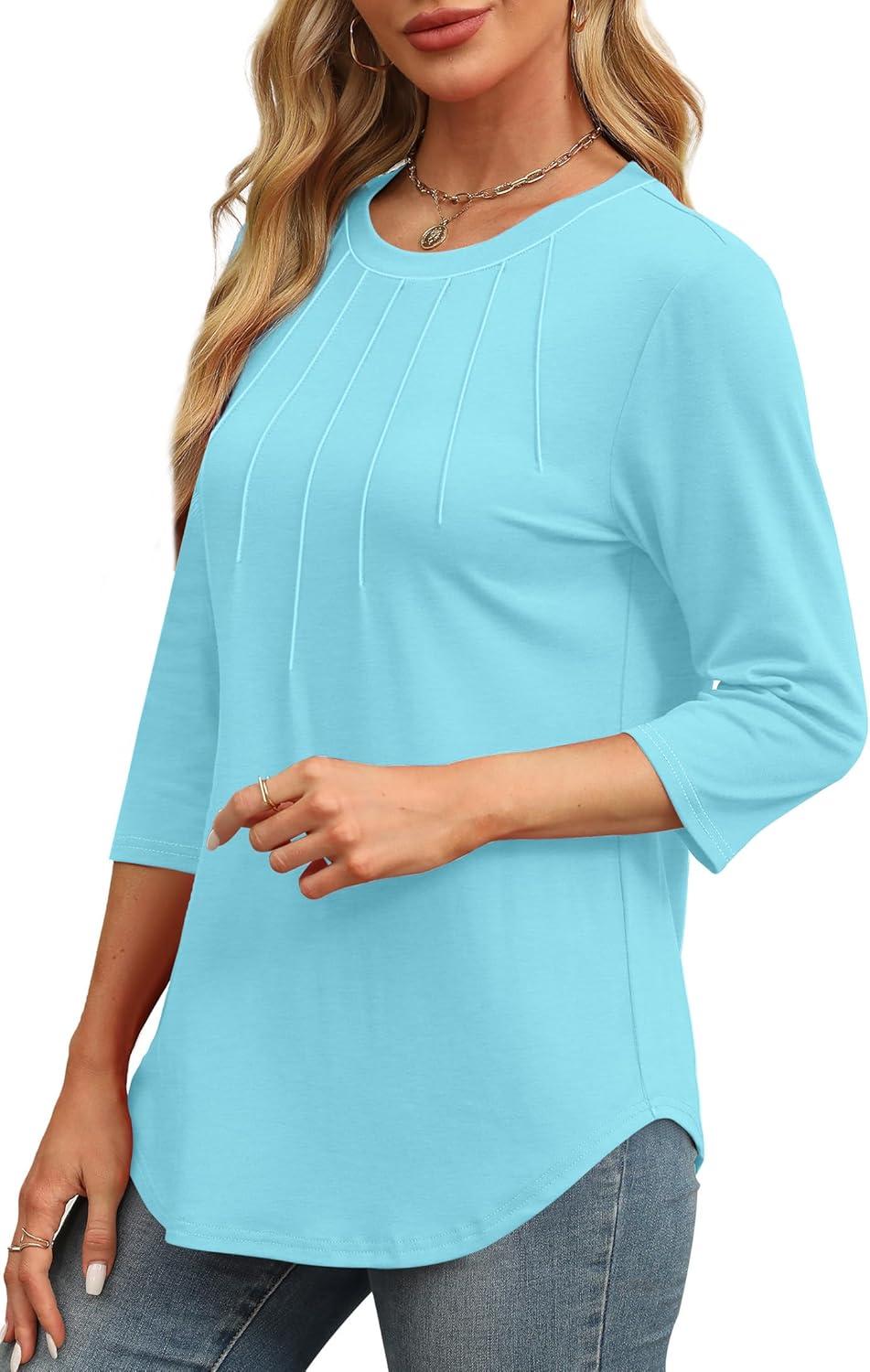 imageXIEERDUO 34 Length Sleeve Womens Tops Round Neck Casual Tunic Tops Basic Pleated Shirts Loose Fit 2025Newmint Green