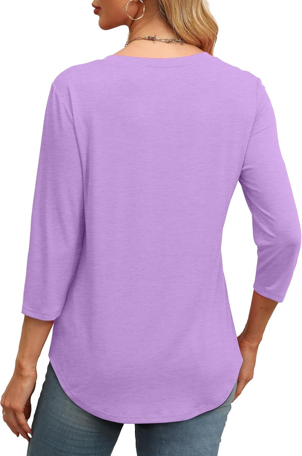 imageXIEERDUO 34 Length Sleeve Womens Tops Round Neck Casual Tunic Tops Basic Pleated Shirts Loose Fit 2025Newpurple