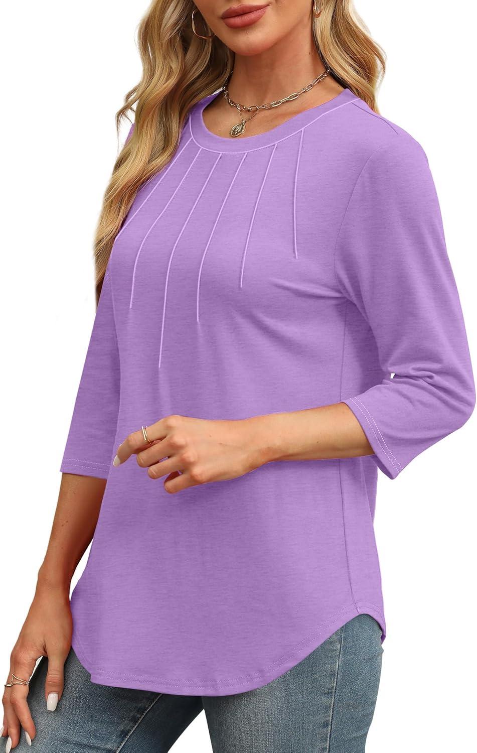 imageXIEERDUO 34 Length Sleeve Womens Tops Round Neck Casual Tunic Tops Basic Pleated Shirts Loose Fit 2025Newpurple