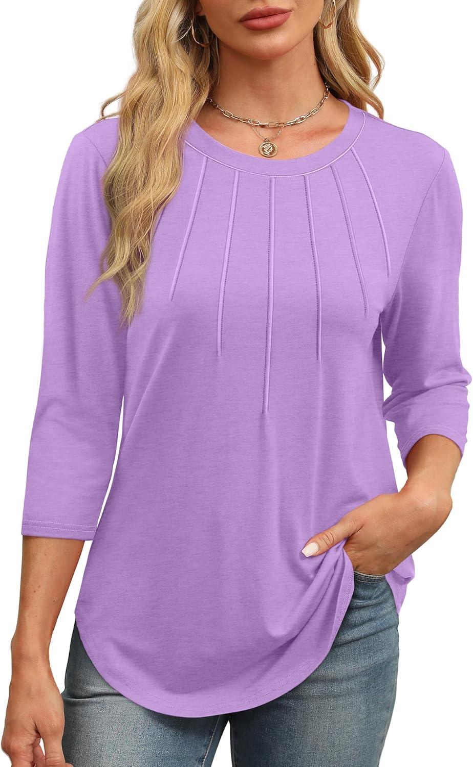 imageXIEERDUO 34 Length Sleeve Womens Tops Round Neck Casual Tunic Tops Basic Pleated Shirts Loose Fit 2025Newpurple