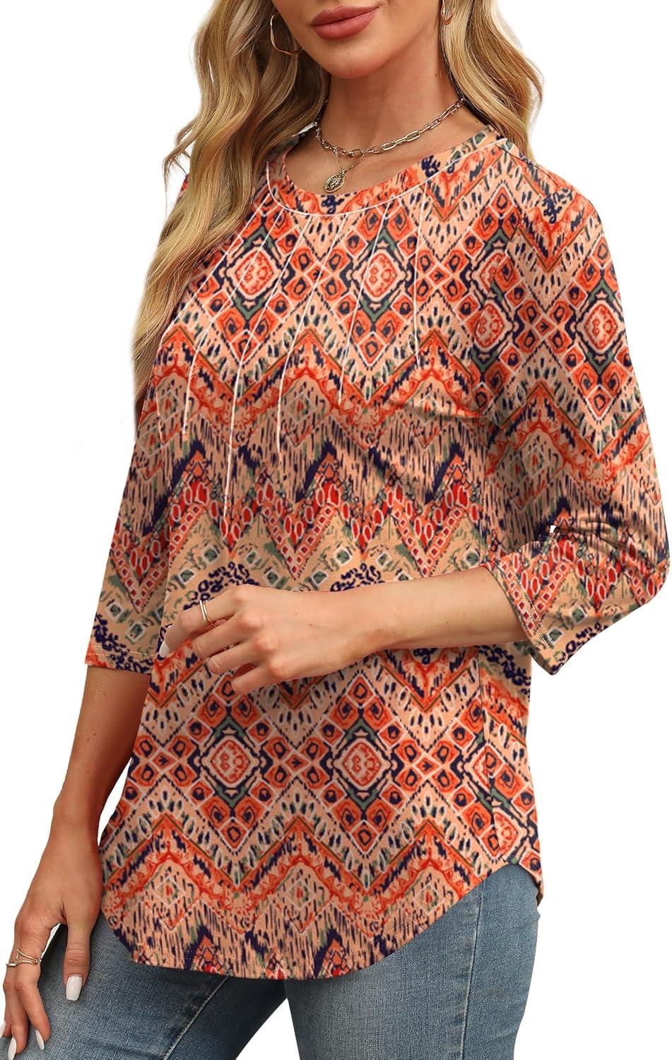 imageXIEERDUO 34 Length Sleeve Womens Tops Round Neck Casual Tunic Tops Basic Pleated Shirts Loose Fit 2025Patternedboho Floral