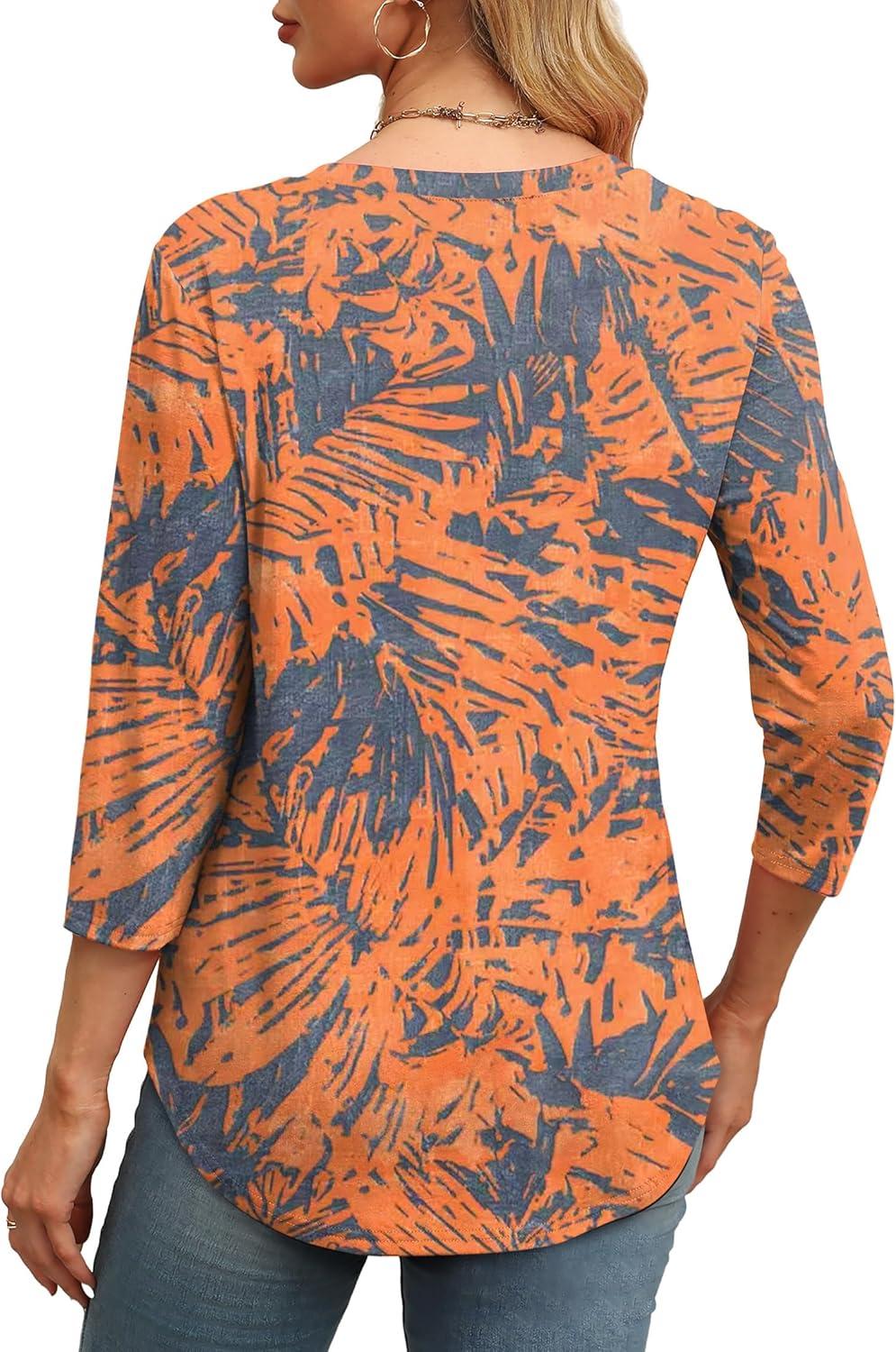 imageXIEERDUO 34 Length Sleeve Womens Tops Round Neck Casual Tunic Tops Basic Pleated Shirts Loose Fit 2025Patternedboho Printed