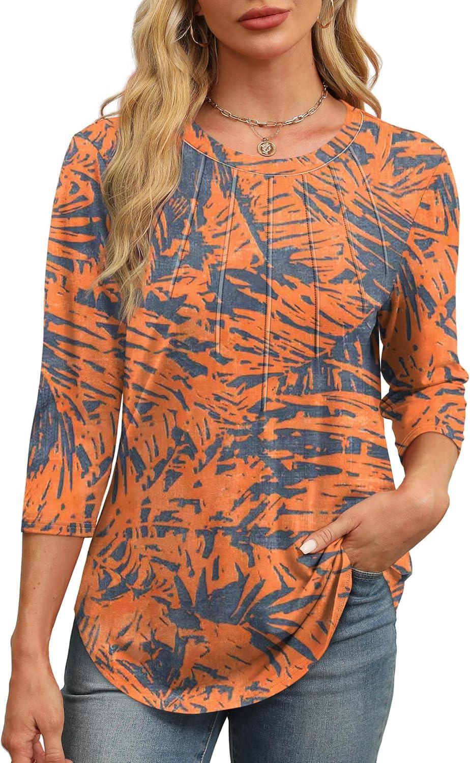 imageXIEERDUO 34 Length Sleeve Womens Tops Round Neck Casual Tunic Tops Basic Pleated Shirts Loose Fit 2025Patternedboho Printed