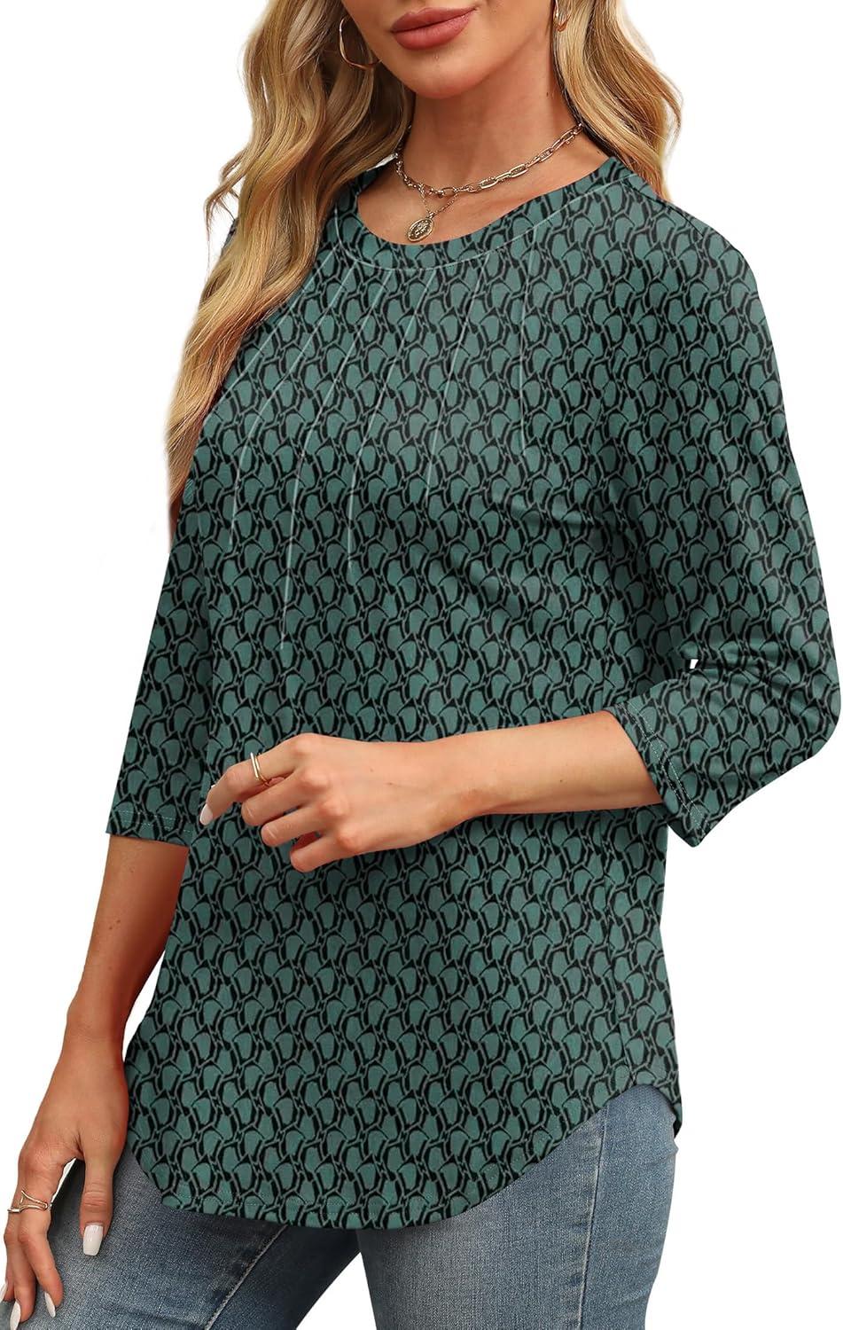 imageXIEERDUO 34 Length Sleeve Womens Tops Round Neck Casual Tunic Tops Basic Pleated Shirts Loose Fit 2025Patternedgreen Printed