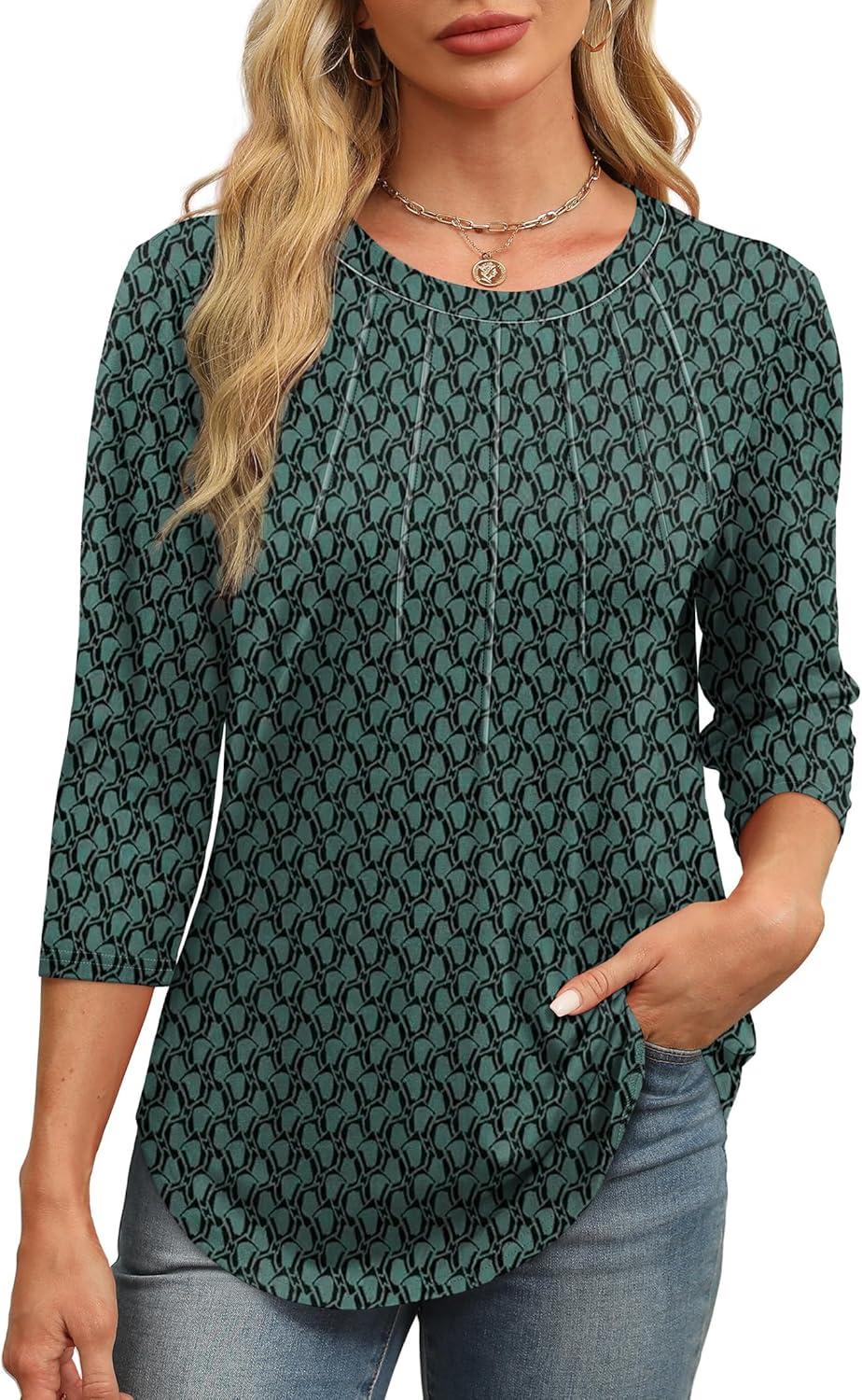 imageXIEERDUO 34 Length Sleeve Womens Tops Round Neck Casual Tunic Tops Basic Pleated Shirts Loose Fit 2025Patternedgreen Printed