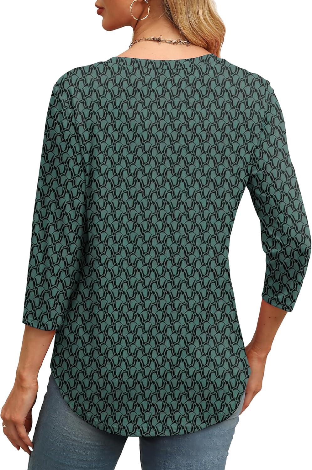 imageXIEERDUO 34 Length Sleeve Womens Tops Round Neck Casual Tunic Tops Basic Pleated Shirts Loose Fit 2025Patternedgreen Printed