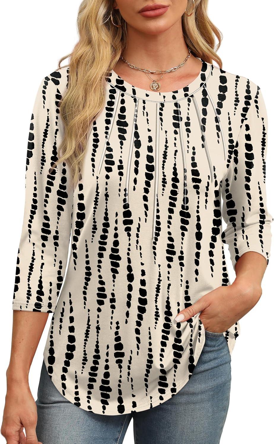 imageXIEERDUO 34 Length Sleeve Womens Tops Round Neck Casual Tunic Tops Basic Pleated Shirts Loose Fit 2025Patternedkhaki Printed