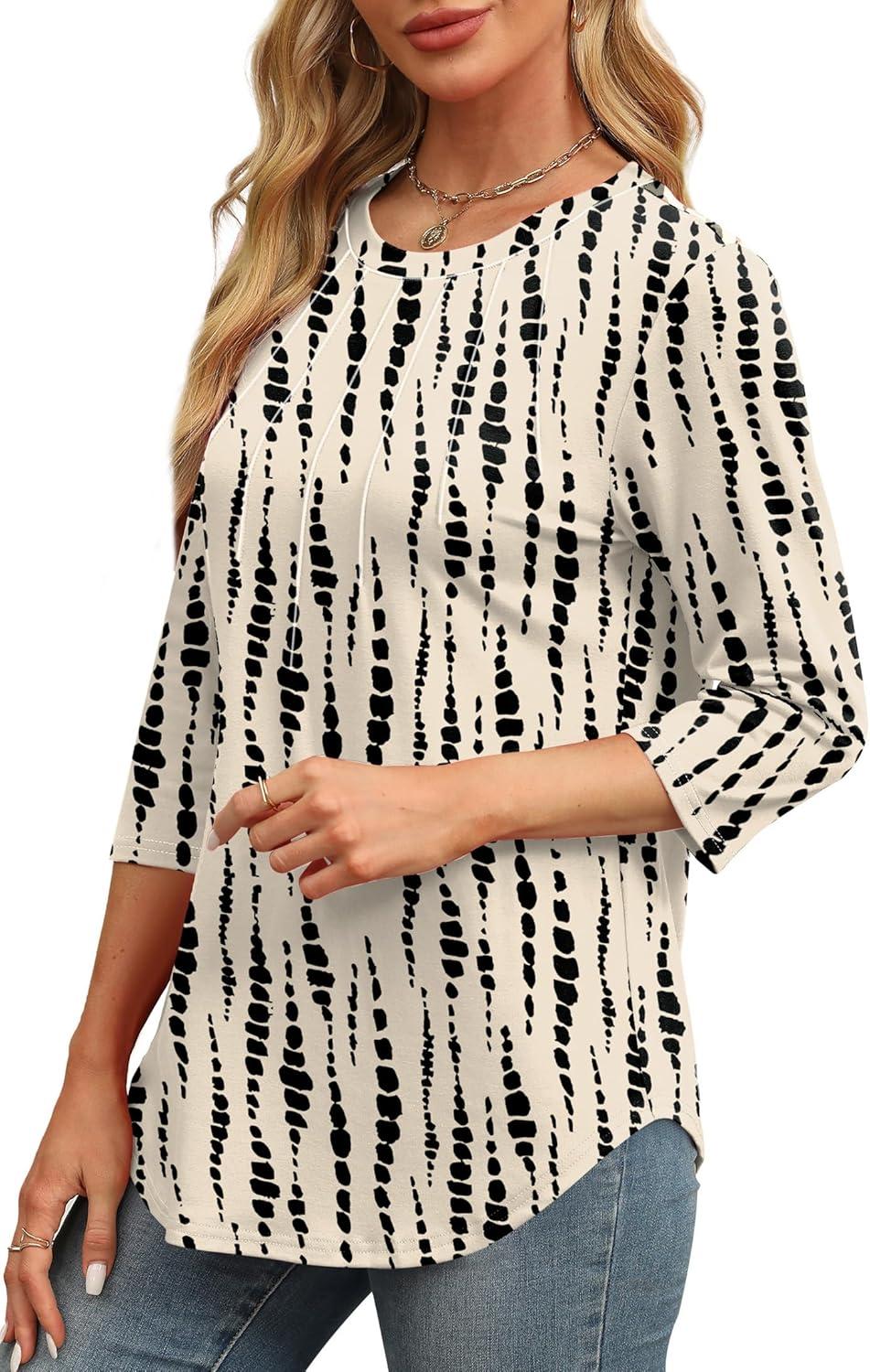 imageXIEERDUO 34 Length Sleeve Womens Tops Round Neck Casual Tunic Tops Basic Pleated Shirts Loose Fit 2025Patternedkhaki Printed