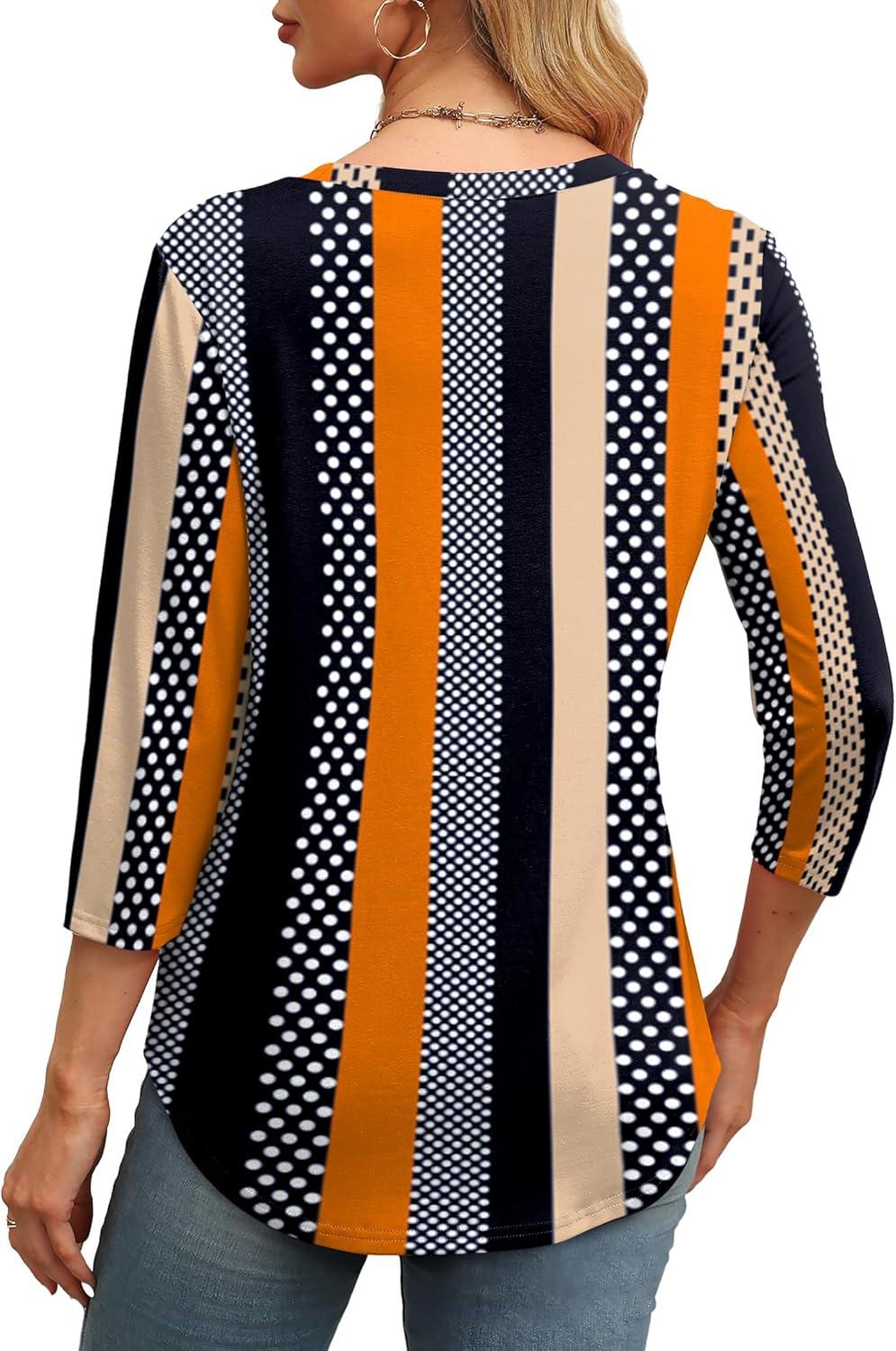 imageXIEERDUO 34 Length Sleeve Womens Tops Round Neck Casual Tunic Tops Basic Pleated Shirts Loose Fit 2025Patternedkhaki Stripe