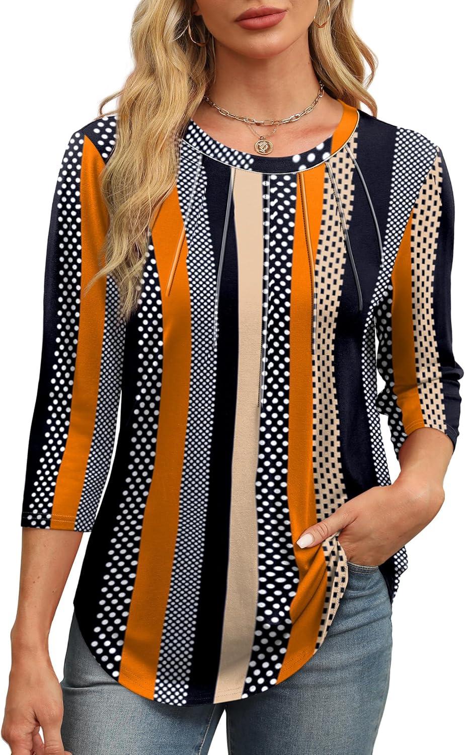 imageXIEERDUO 34 Length Sleeve Womens Tops Round Neck Casual Tunic Tops Basic Pleated Shirts Loose Fit 2025Patternedkhaki Stripe