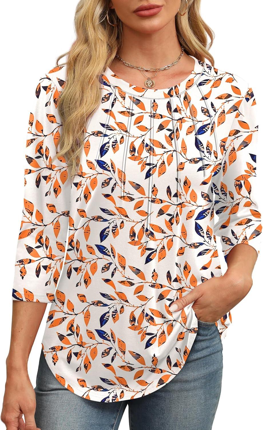 imageXIEERDUO 34 Length Sleeve Womens Tops Round Neck Casual Tunic Tops Basic Pleated Shirts Loose Fit 2025Patternedleaf Printed