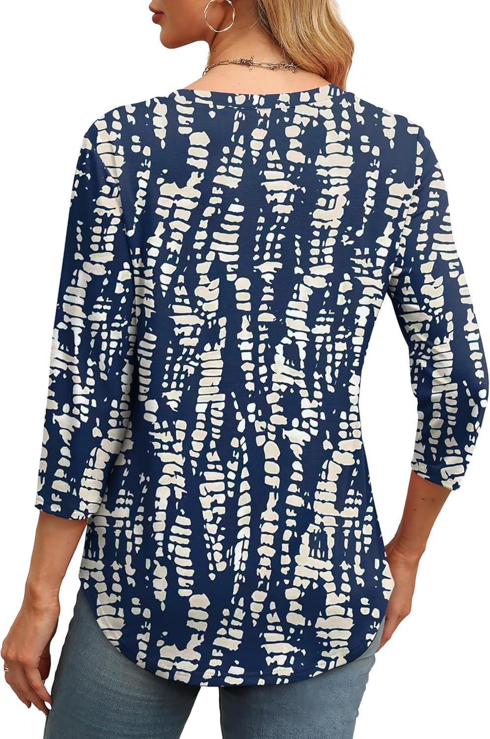 imageXIEERDUO 34 Length Sleeve Womens Tops Round Neck Casual Tunic Tops Basic Pleated Shirts Loose Fit 2025Patternednavy Printed